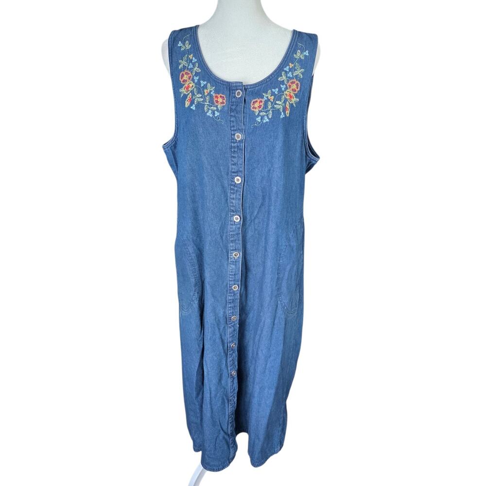 White Stag Denim Jumper Dress Women’s Size L Button Front Embroidered Floral...